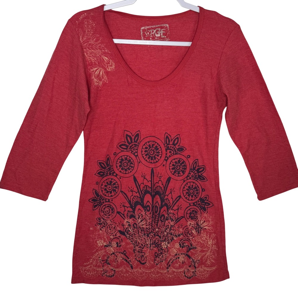 Y2K ERGE Designs Red 3/4 Sleeve Embellished‎ Floral Print Top Women's Size Large